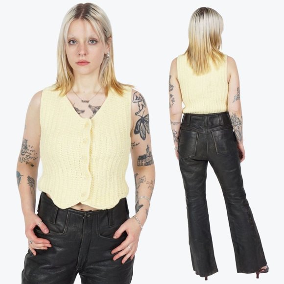 VINTAGE Yellow Knitted Crochet Buttoned Vest - Picture 3 of 3